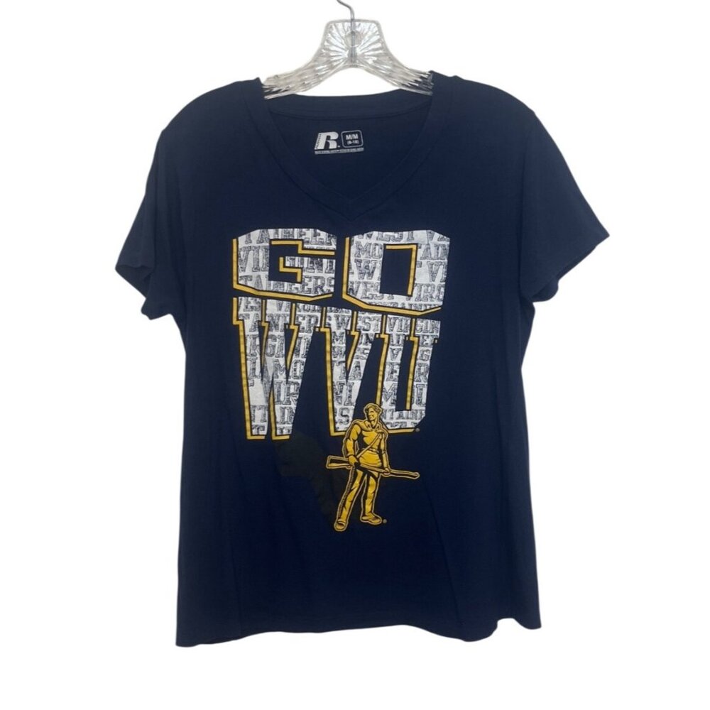 Russell WVU Go Mountaineers Tshirt Womens Medium Blue Fanwear Veck